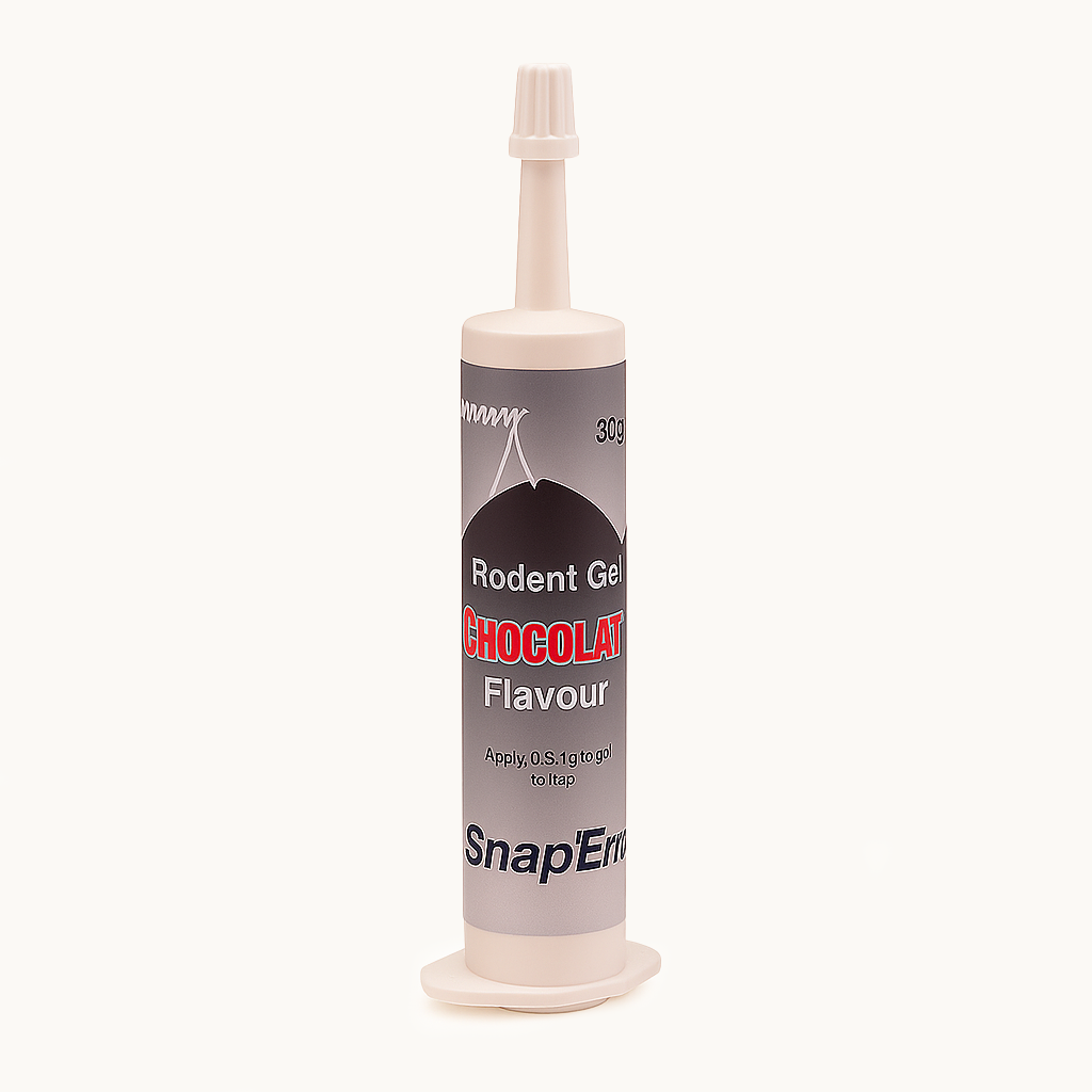 Rodent gel container with chocolate flavor on a white background