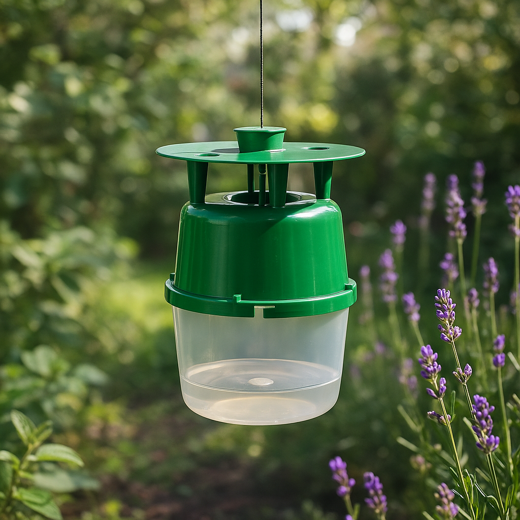 PlantPro Mini Moth Catcher hanging in a garden among greenery and lavender flowers.