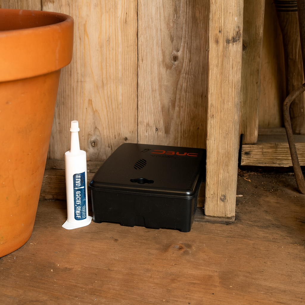 D-BUG Mouse Bait Box placed on the floor of a garden shed beside a plant pot.