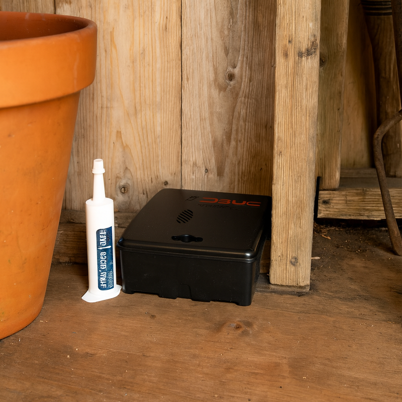 D-BUG Mouse Bait Box placed on the floor of a garden shed beside a plant pot.