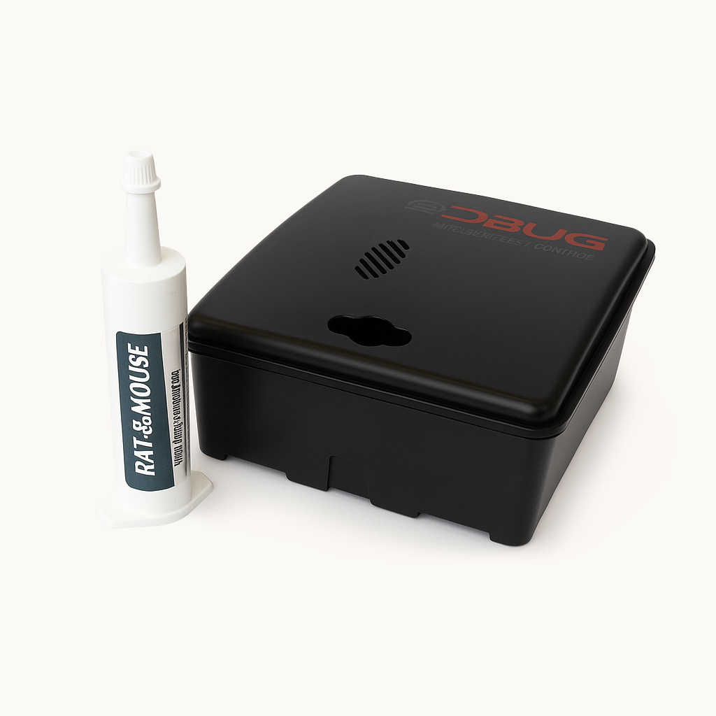 D-BUG Mouse Bait Box and Rat & Mouse Lure syringe on light background.