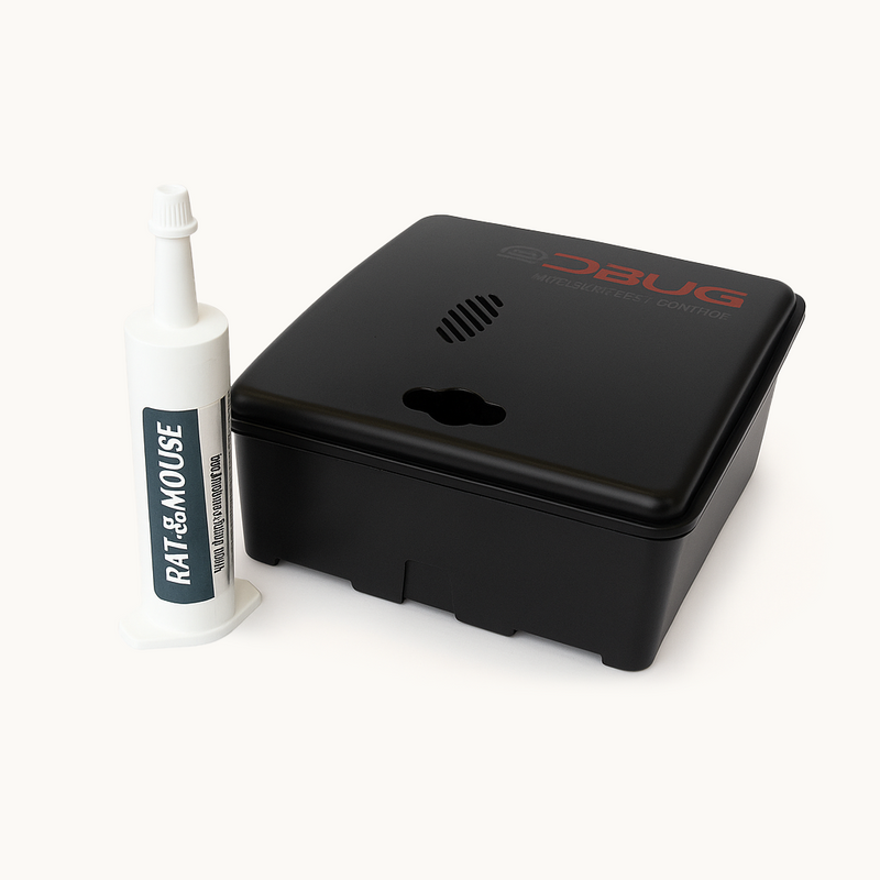 D-BUG Mouse Bait Box and Rat & Mouse Lure syringe on light background.