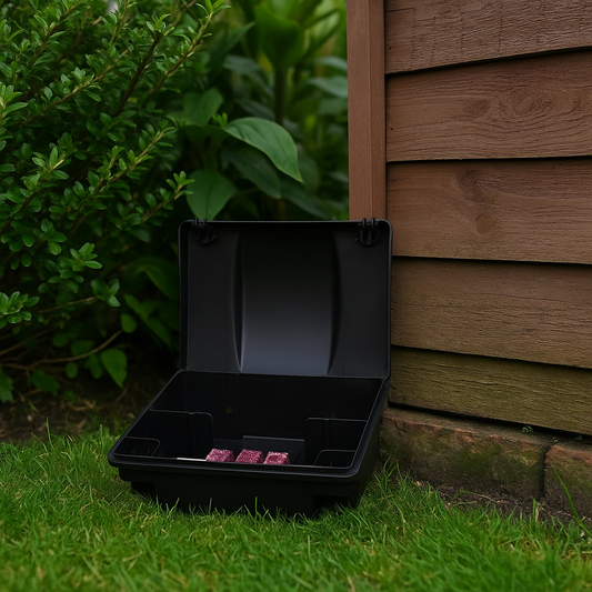 Black plastic container with compartments on grass next to a wooden fence