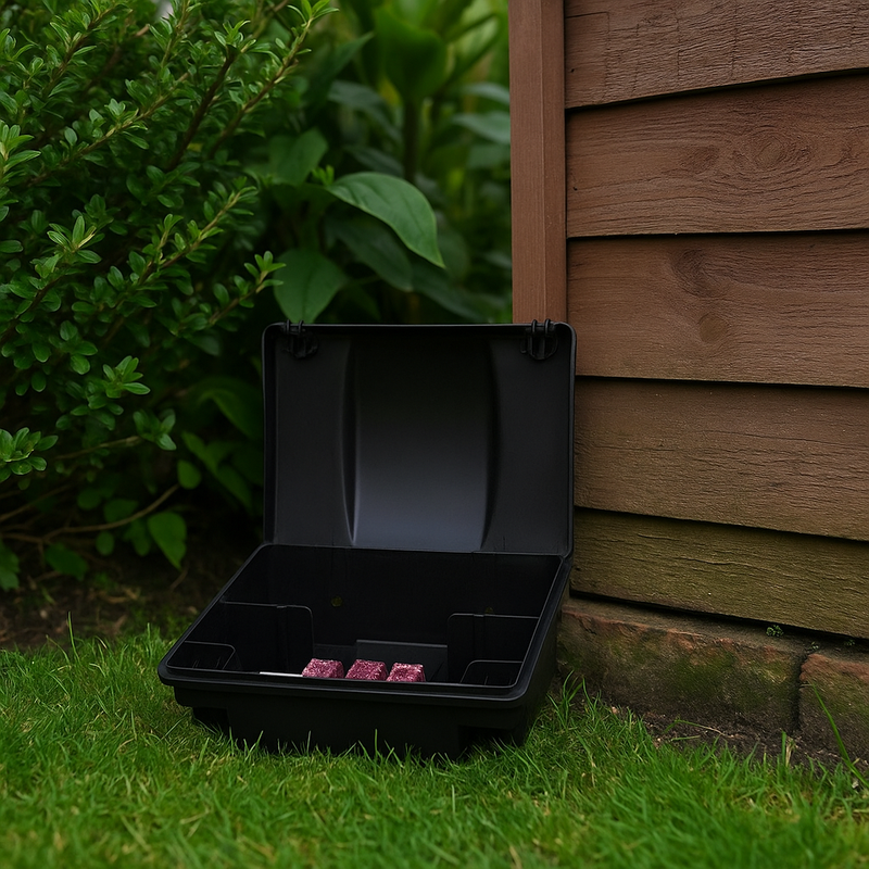 Black plastic container with compartments on grass next to a wooden fence