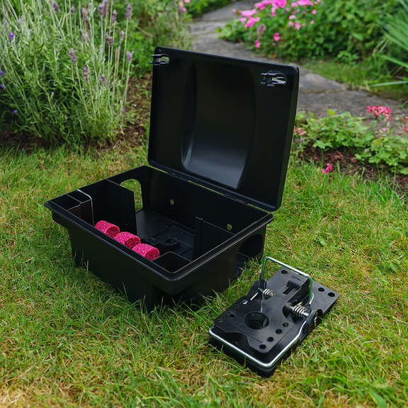 D-BUG Rat Bait Box Snap Trap placed on grass in a garden setting.