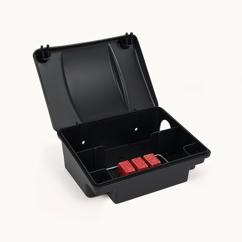 DBUG Rat Bait Box open showing red bait blocks on light background.