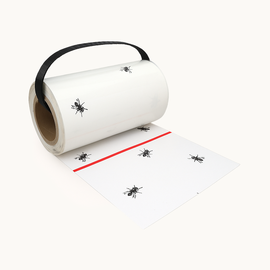 DBUG Sticky Fly Roll partially unrolled showing fly print design on light background.