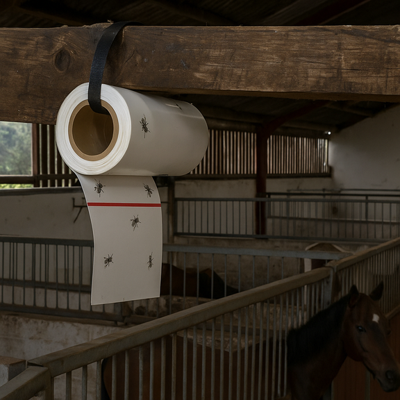 D-BUG Sticky Fly Roll placed in a stables with horses.