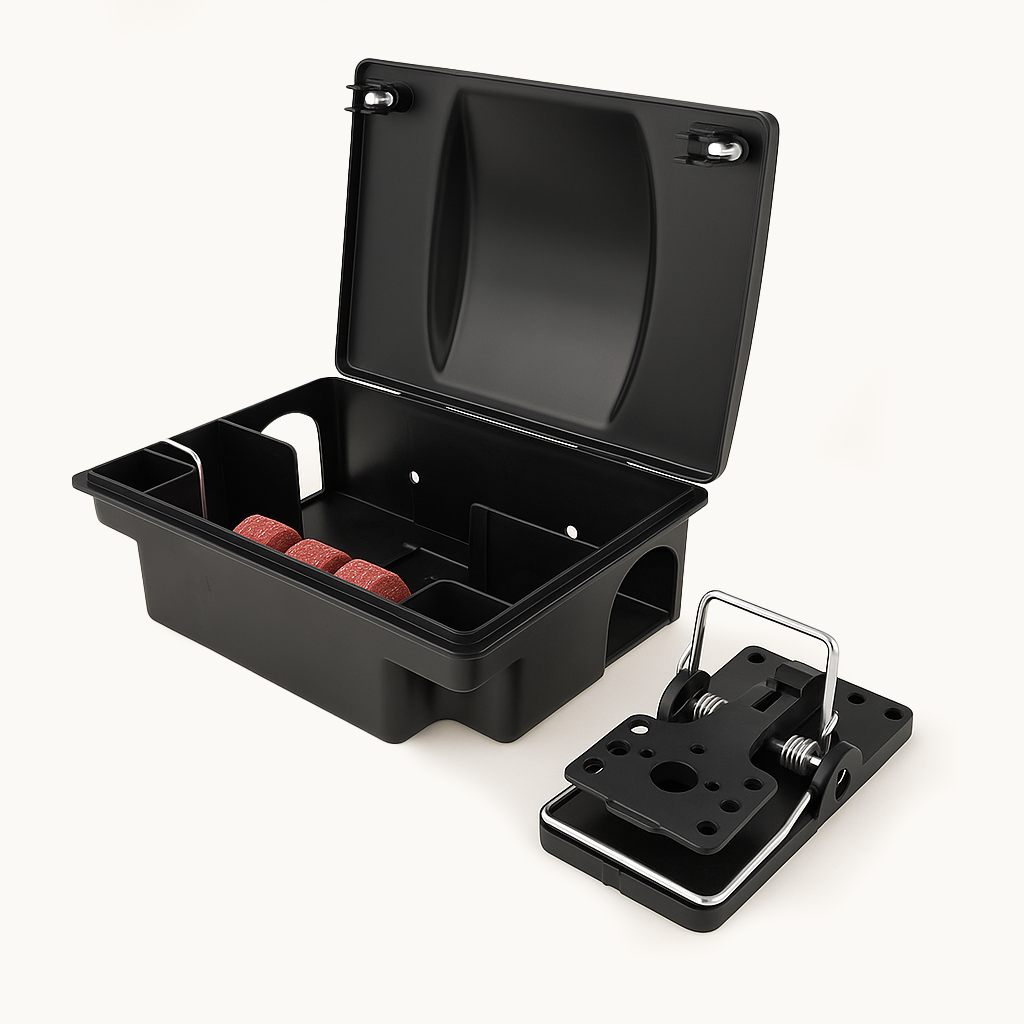 DBUG Rat Bait Box Snap Trap open showing bait tray and trap on light background.