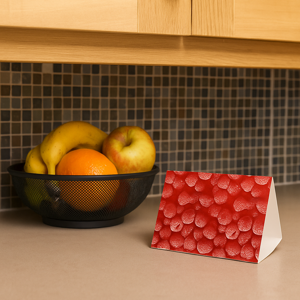 Sticky Glue Fruit Fly Trap Catcher placed near fruit and kitchen surfaces for natural fly control.