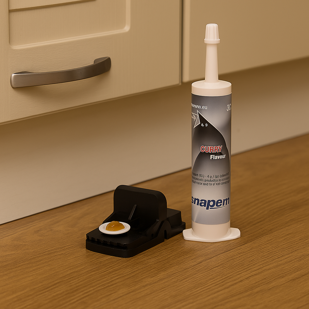 Snap’Em Rodent Gel attractant applied to a snap trap for rodent control.