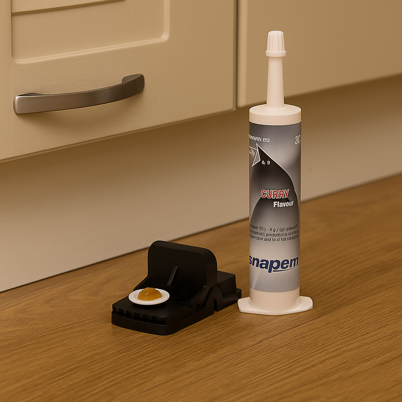 Snap’Em Rodent Gel attractant applied to a snap trap for rodent control.