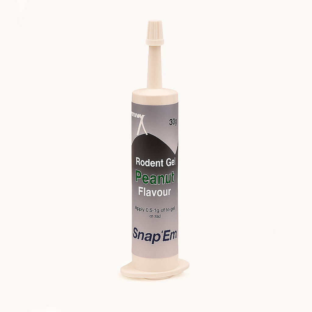 Rodent gel container with peanut flavor on a white background
