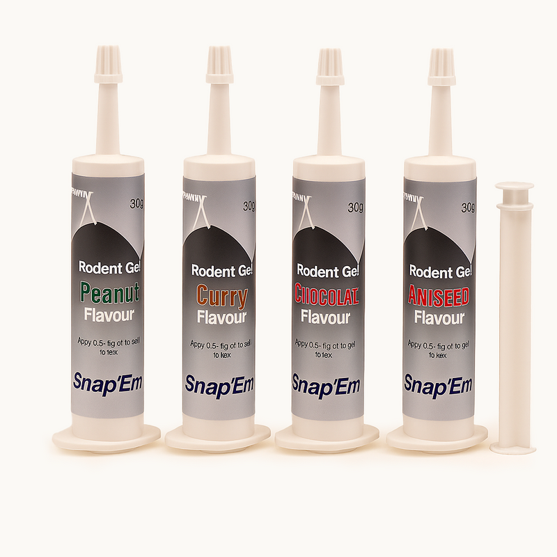 Snap’Em Rodent Gel Mouse/Rat Attractant 30g tube in multiple flavours displayed on a white background.