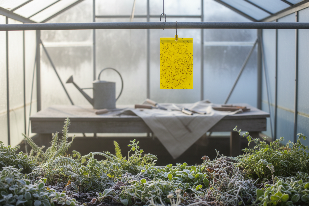 A greenhouse or garden plant area with a yellow sticky trap or hanging insect trap in the scene. Soft winter daylight, frosted leaves, subtle gardening tools in the background.