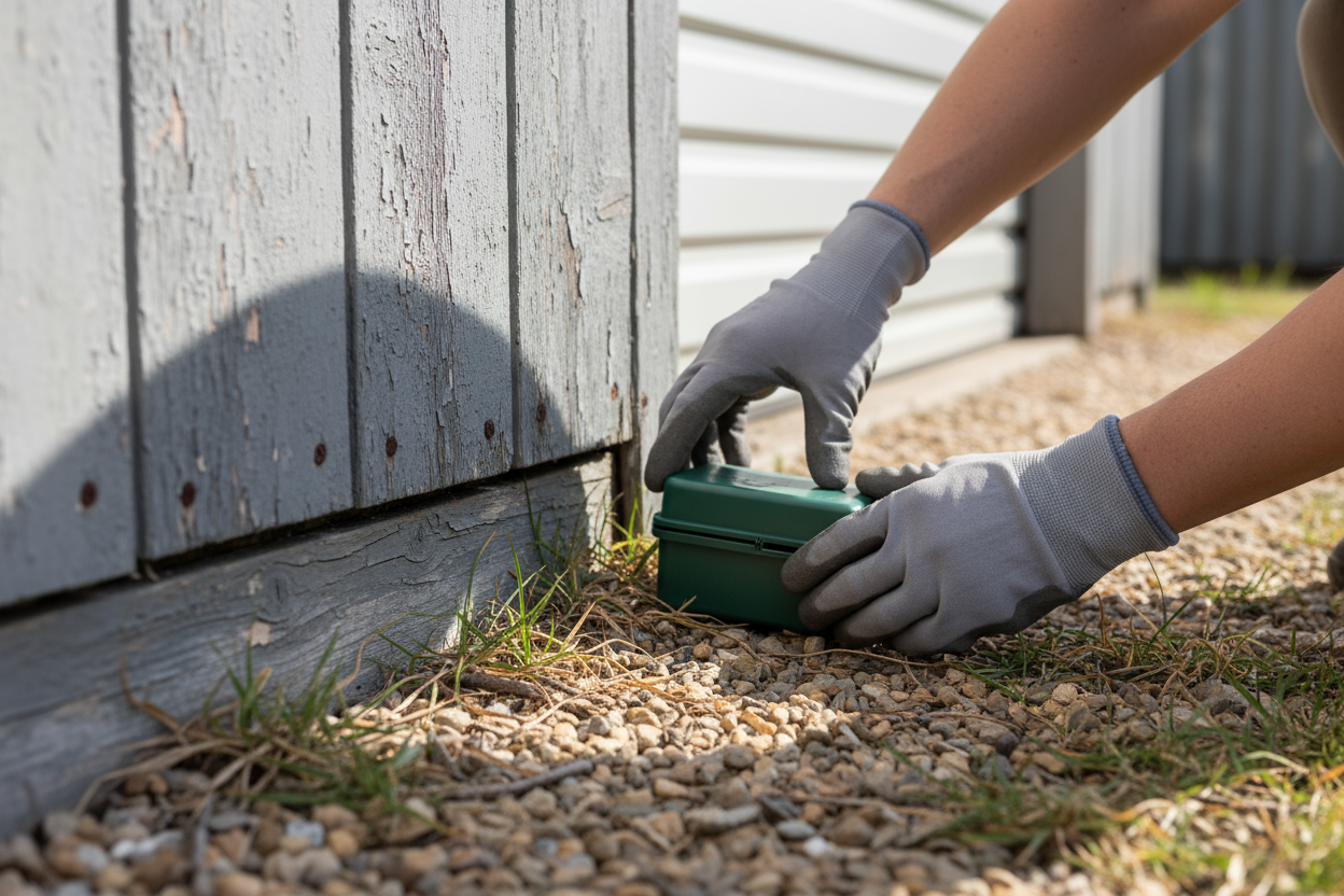 a photo of someone placing a discreet bait box near a shed or garage wall