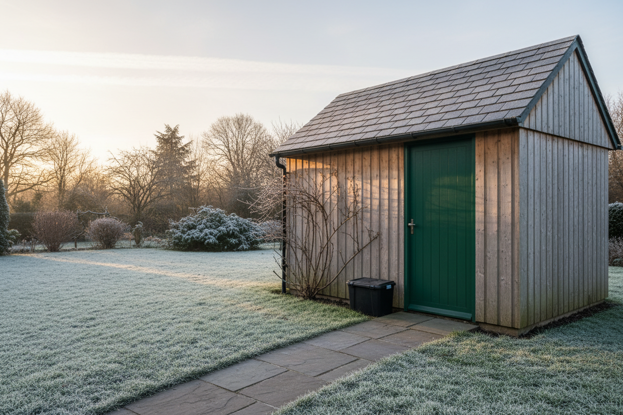 A tidy winter garden shed exterior with a clean stone path and frosty grass, early morning light. A discreet, black rodent-proof box partially tucked against the shed wall. Calm natural setting, soft shadows, minimal 