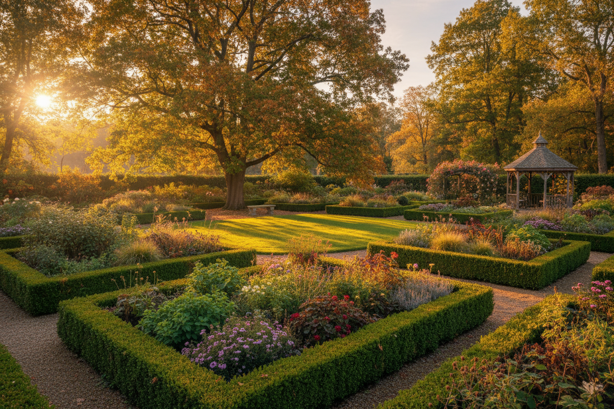 Autumn garden with sunlight and greenery, warm golden tones, tidy hedges, calm and inviting