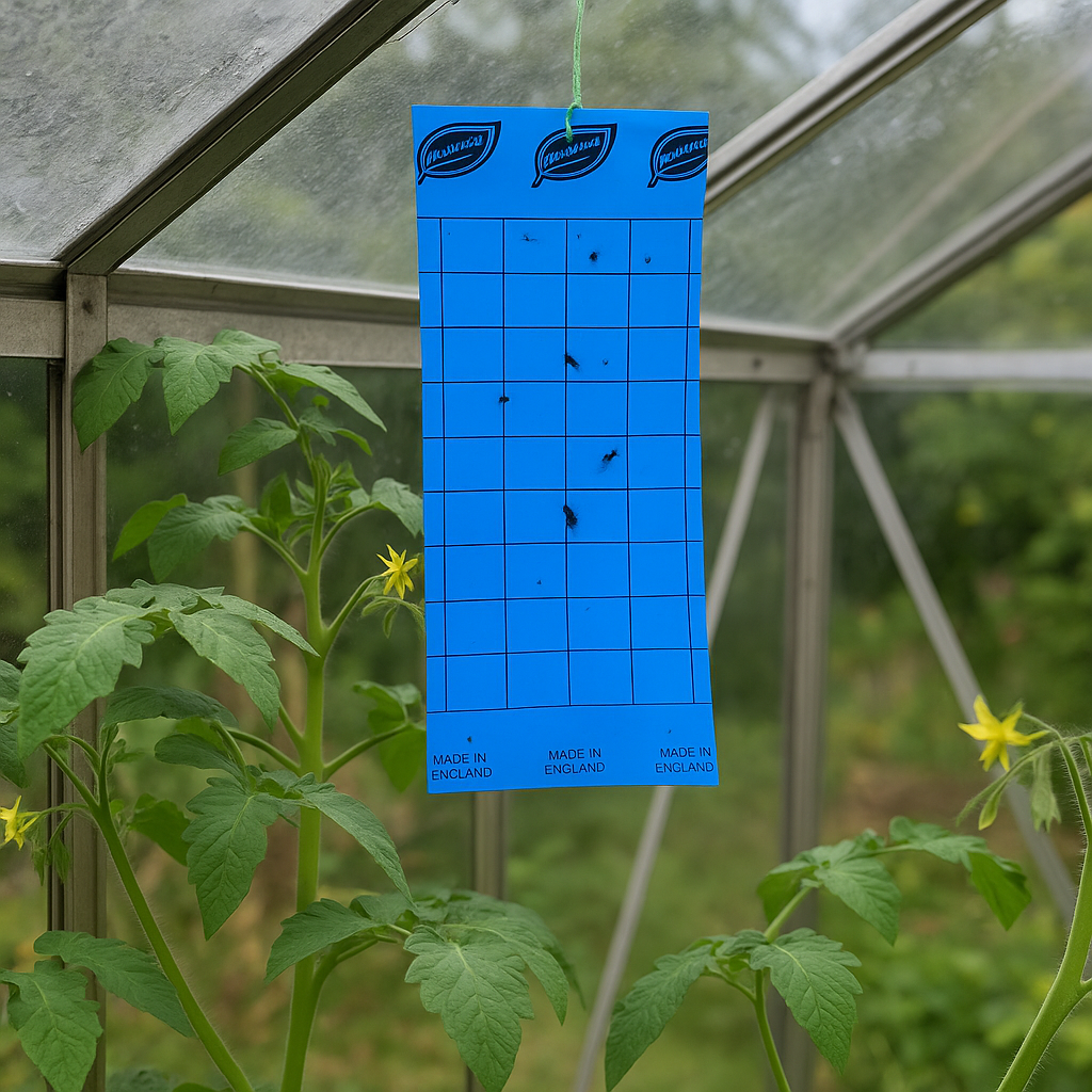 Blue sticky insect trap hanging in a greenhouse with tomato plants and yellow flowers.