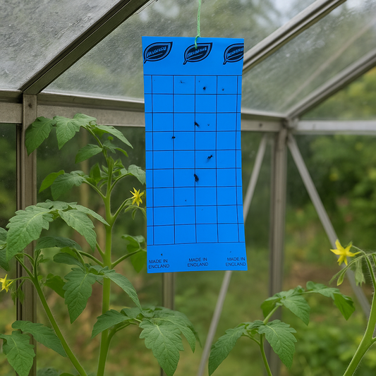 Blue sticky insect trap hanging in a greenhouse with tomato plants and yellow flowers.