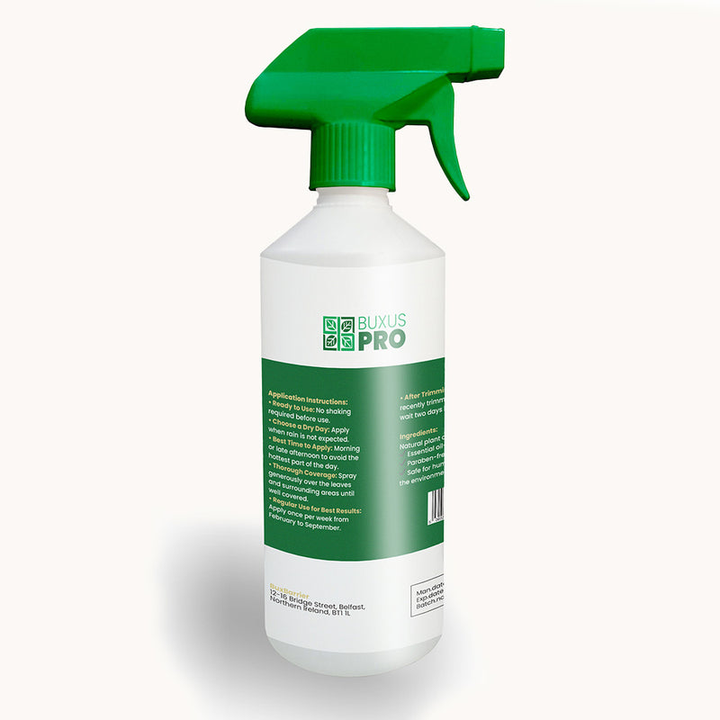 Back label of BuxBarrier natural box tree protection spray showing usage instructions and ingredients
