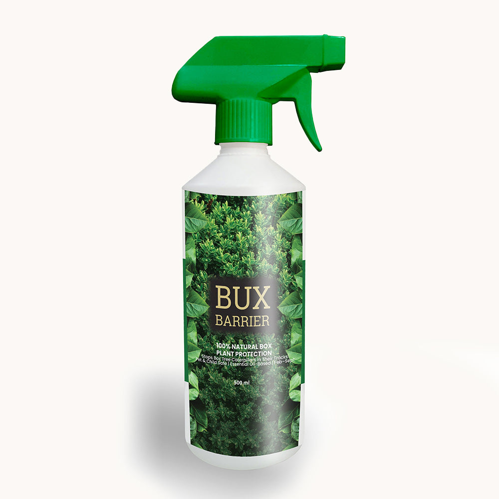Front view of BuxBarrier 500ml natural box tree caterpillar and moth protection spray by BuxusPro