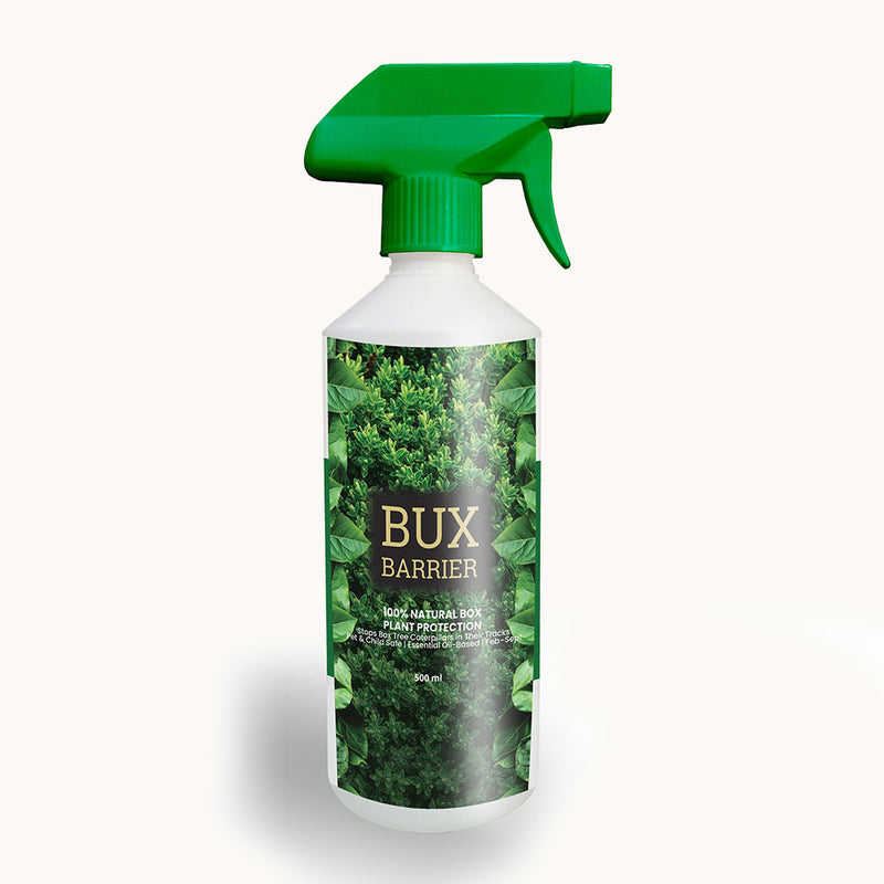 Front view of BuxBarrier 500ml natural box tree caterpillar and moth protection spray by BuxusPro