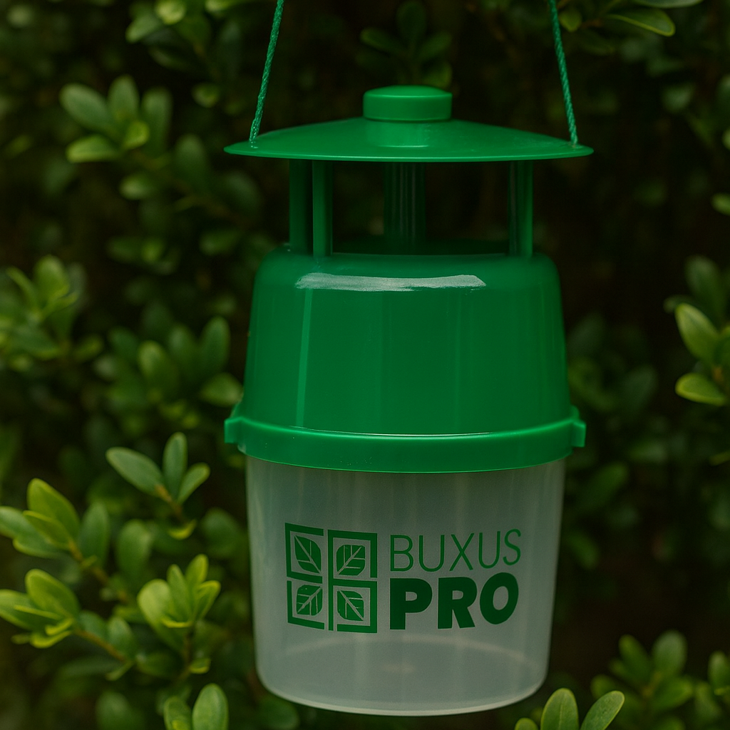 BuxusPro BuxTrap moth trap hanging in a garden near healthy Buxus plants, used to control box tree moth infestations