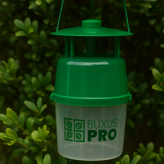 BuxusPro BuxTrap moth trap hanging in a garden near healthy Buxus plants, used to control box tree moth infestations