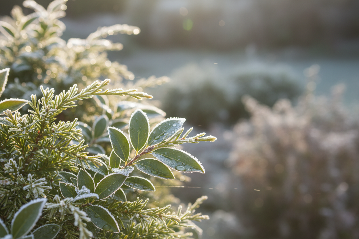 Close-up of evergreen shrubs and winter foliage in soft natural light. Gentle tones, minimal, professional garden photography