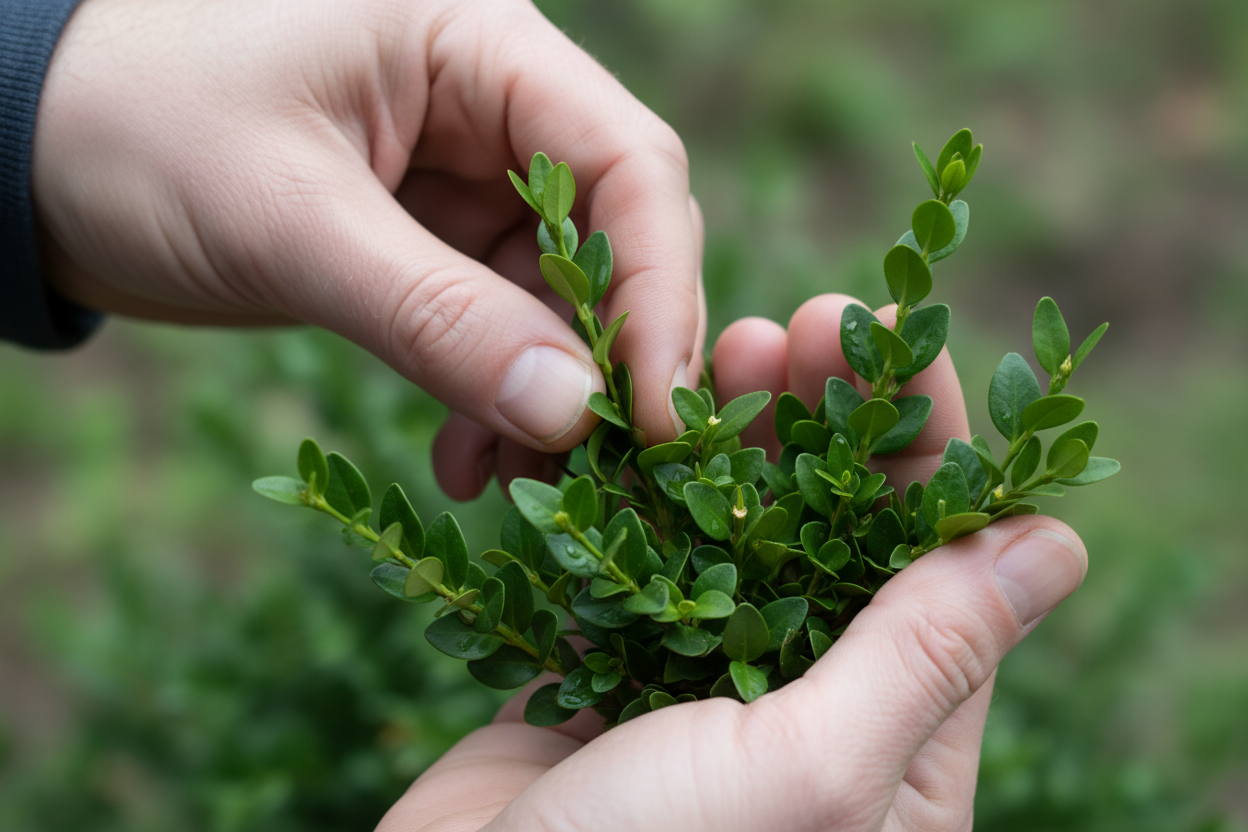 Close-up of hands inspecting Buxus leaves.