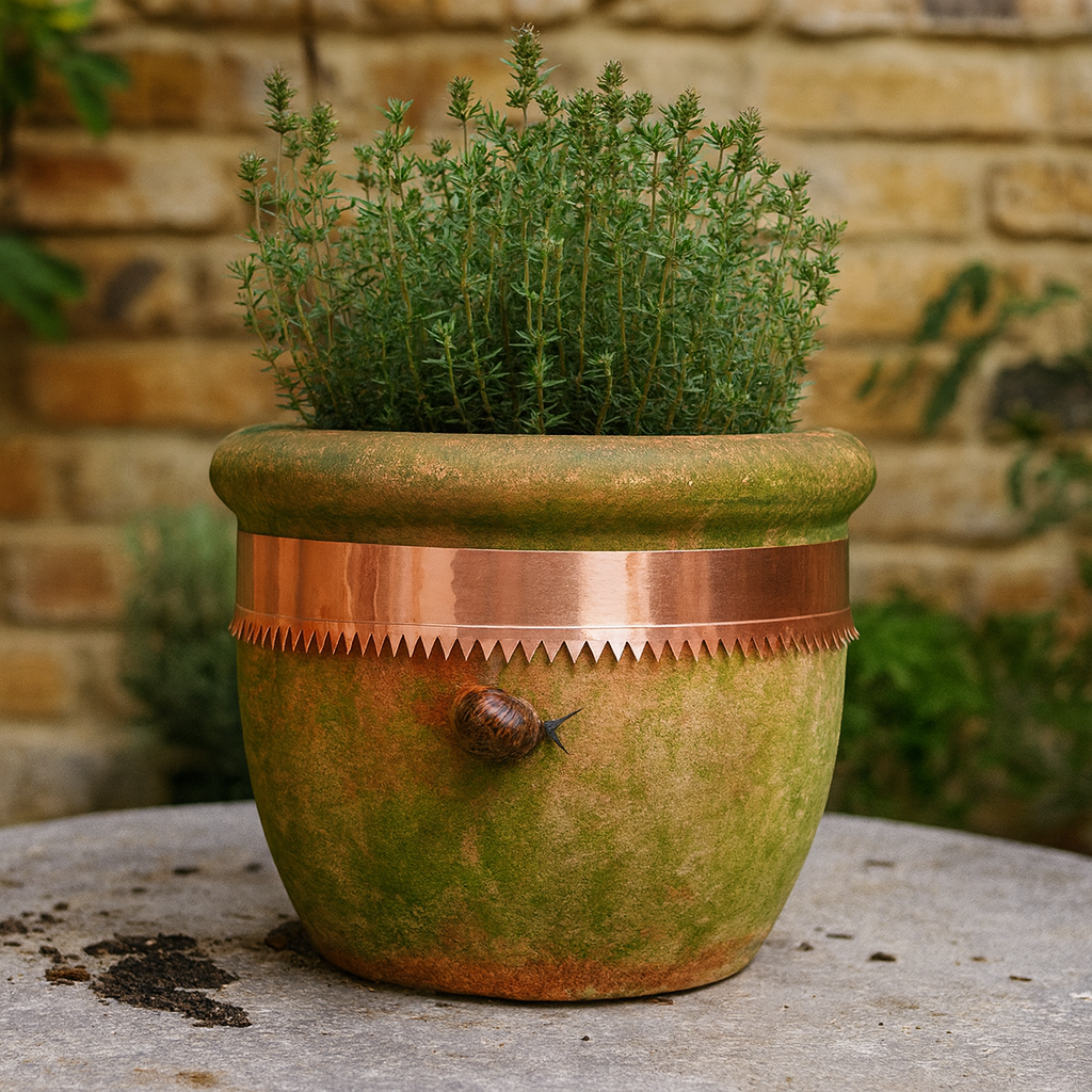 Green pot with copper accent and plant against a stone wall background