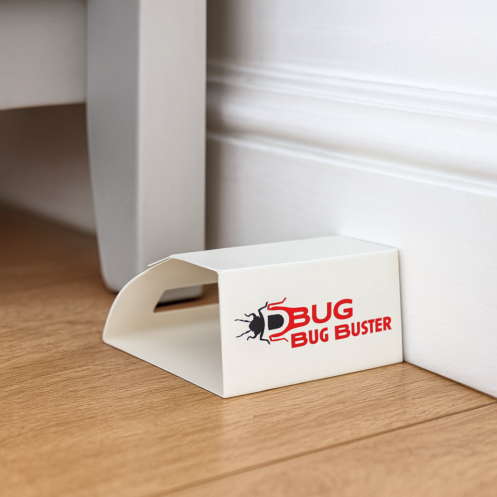 D-Bug Bug Buster insect trap placed under furniture for indoor bug control