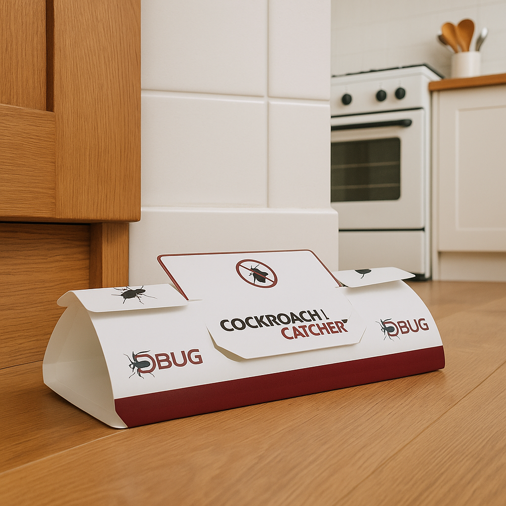 D-BUG Cockroach & Crawling Insect Trap placed discreetly along a kitchen wall near cabinets for effective pest control.