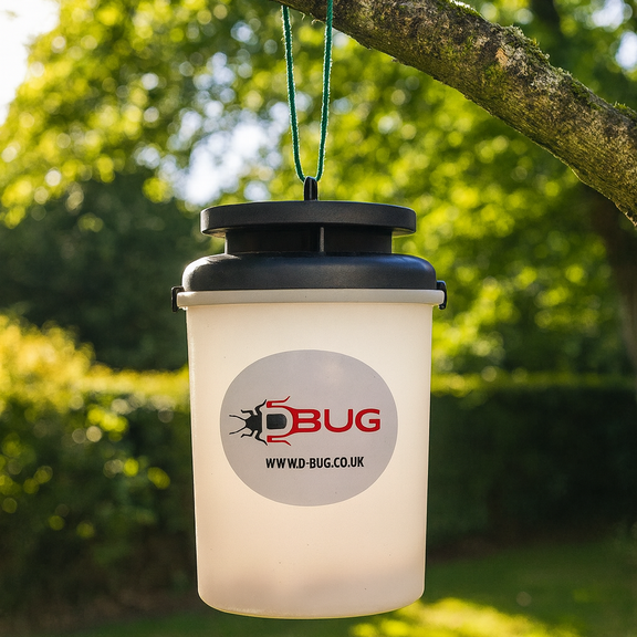 D-Bug MaxiFly fly trap hanging outdoors in a garden setting for effective fly capture