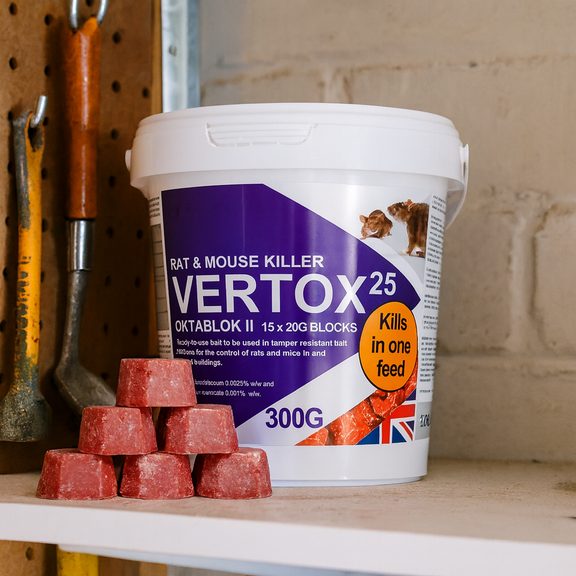 D-Bug Vertox25 rat and mouse poison used outdoors in secure bait station near building