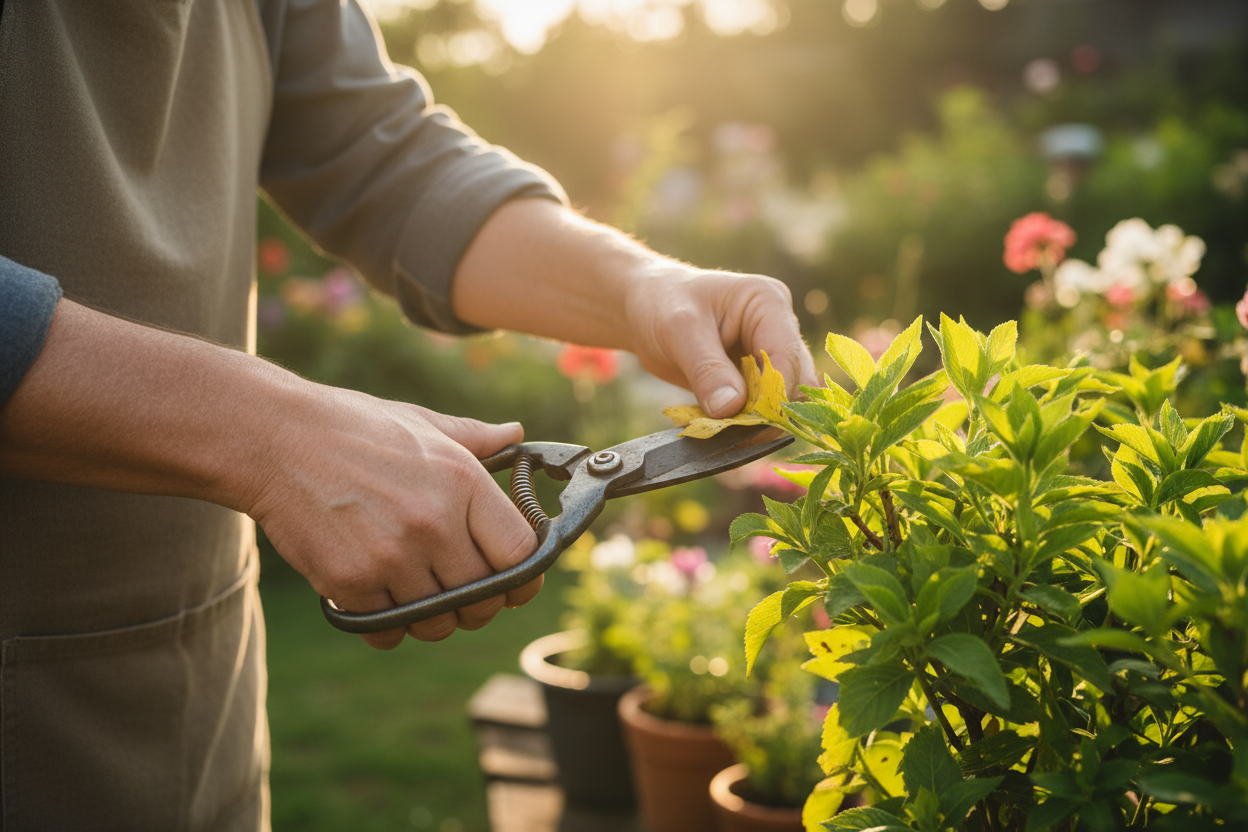 Gardener tending plants in morning light — hands pruning leaves.