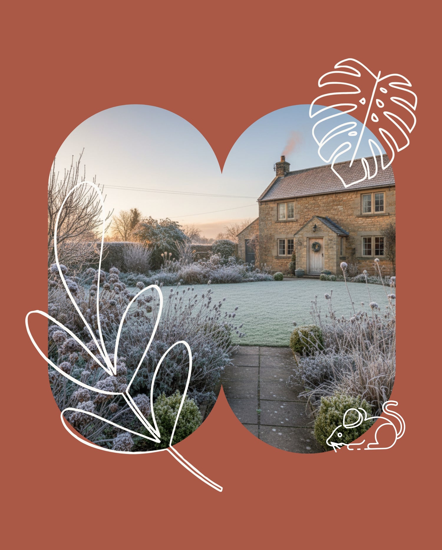 Frosty garden scene with a house in the background on a brown background