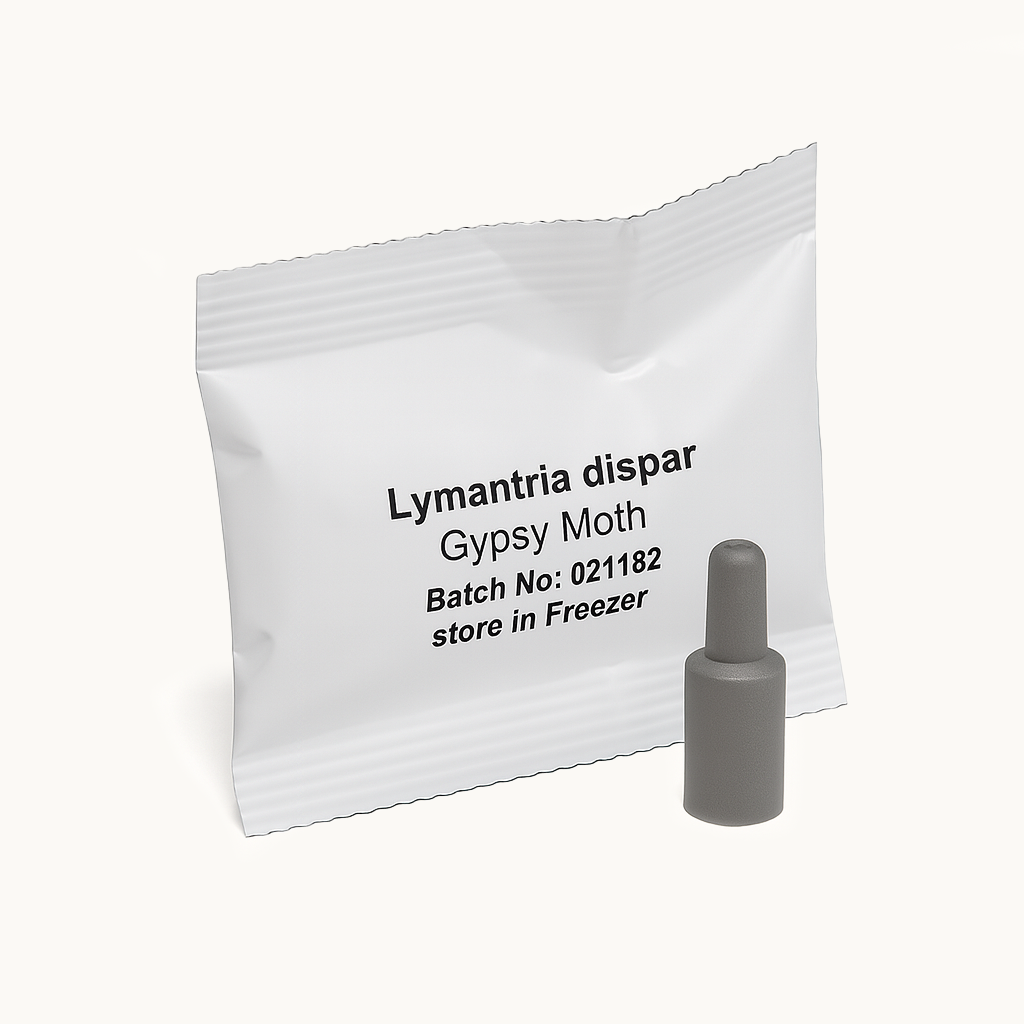 Pheromone lure sachet and grey attractant capsule for Lymantria dispar Gypsy Moth on a white background.
