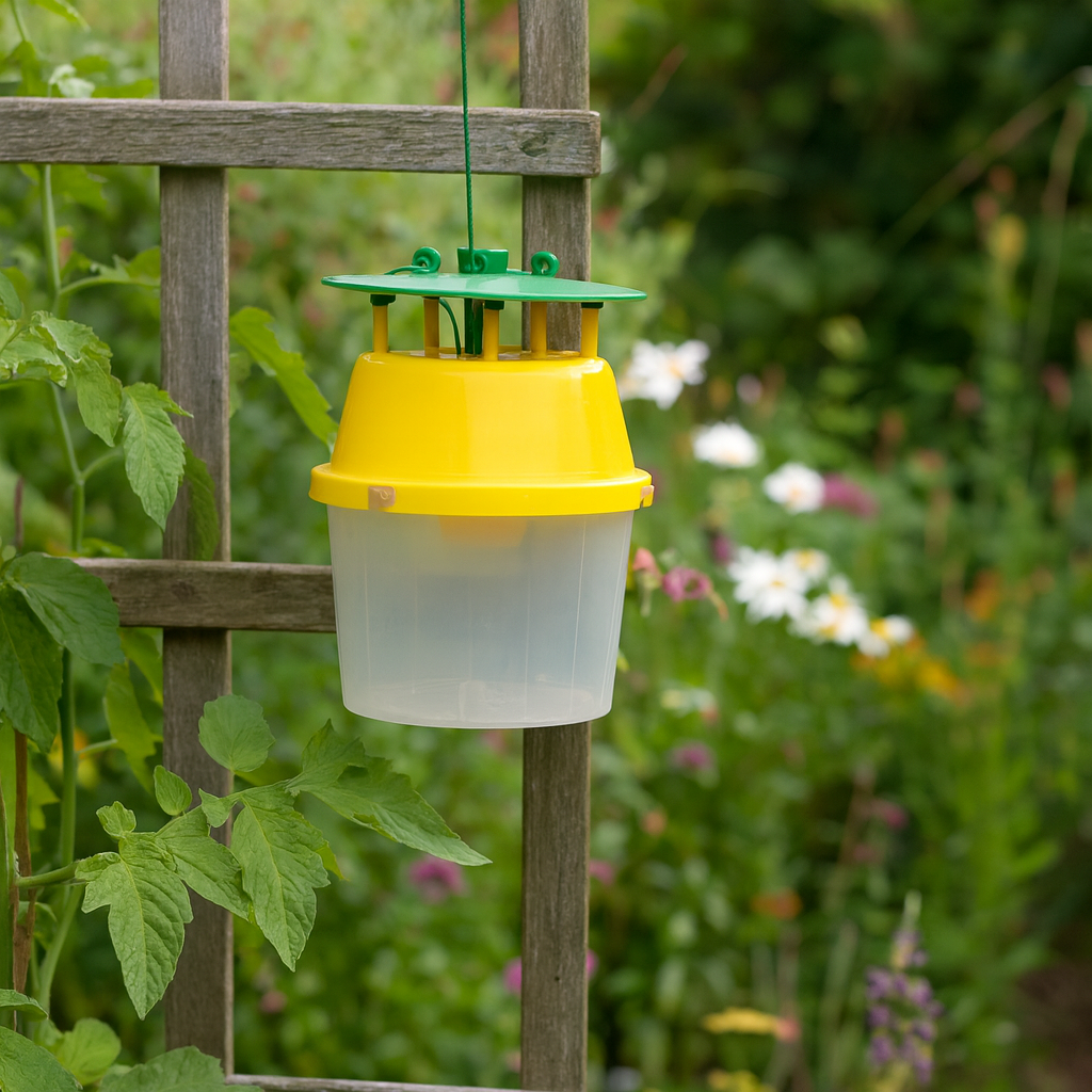 Pheromone moth trap hanging on a wooden trellis in a garden surrounded by plants and flowers.