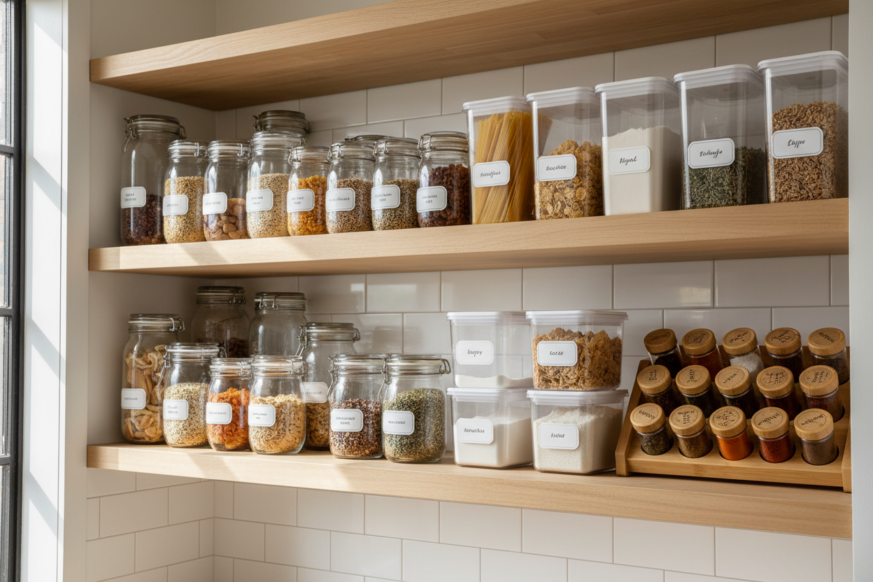 Neat kitchen pantry shelf with sealed jars, dry food containers and spices. Clean, modern kitchen style, warm natural lighting, no insects visible, premium lifestyle photography