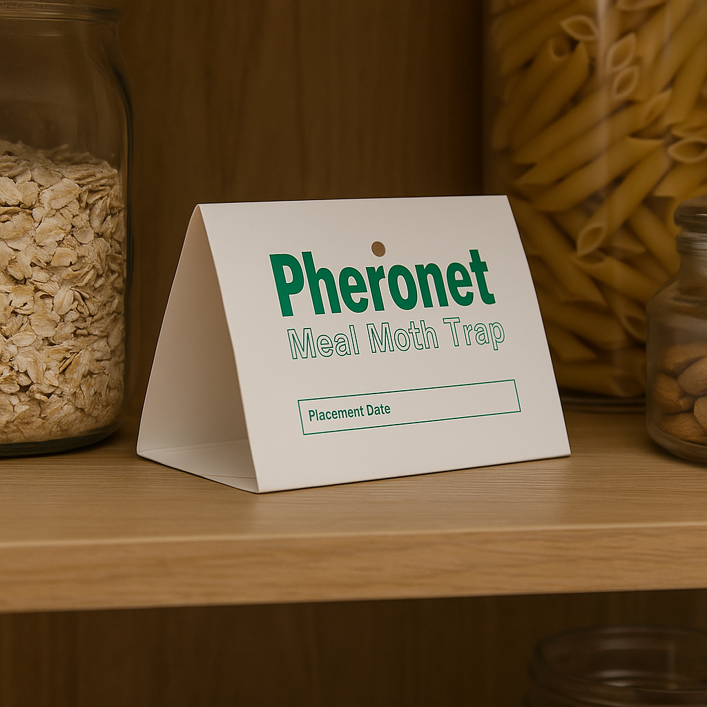 Pheronet Meal Moth Trap placed on a pantry shelf beside jars of dry food, providing safe and natural moth control.