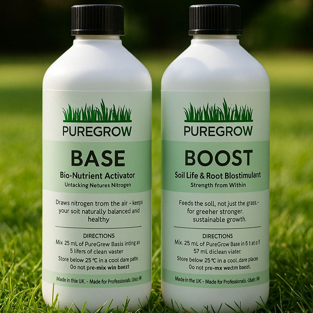 PureGrow Base and Boost bottles placed on a lush green lawn