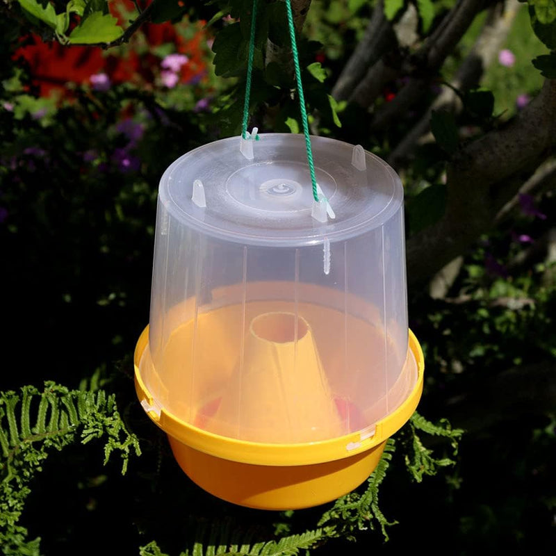 PlantPro wasp trap hanging outdoors in a garden near seating area