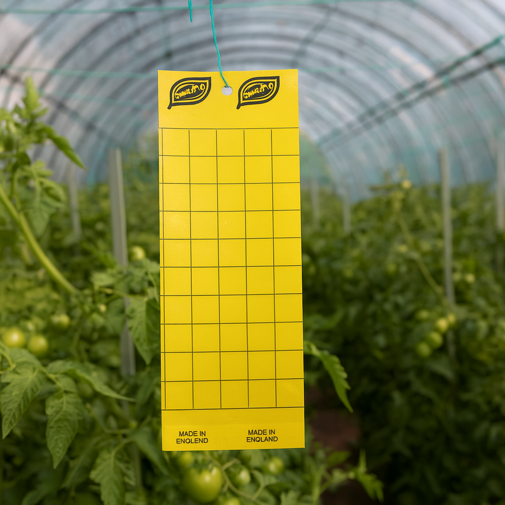PlantPro yellow sticky insect trap hanging inside a greenhouse among healthy green plants.