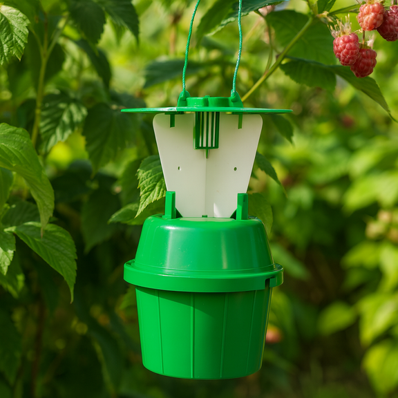 PlantPro Raspberry Beetle Trap hanging on a raspberry plant among green leaves and ripening berries.