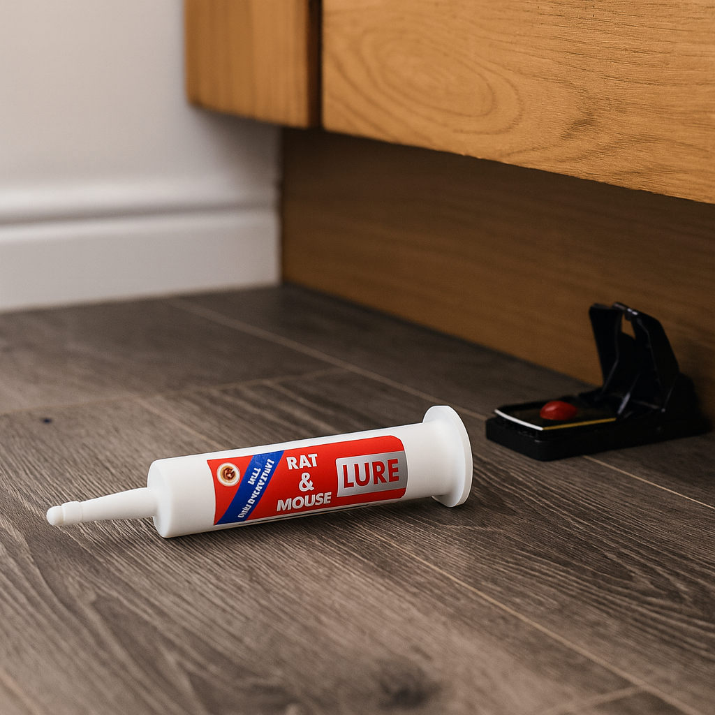 Rat & Mouse Lure tube placed on a kitchen floor next to a baited snap trap beneath a wooden cabinet.